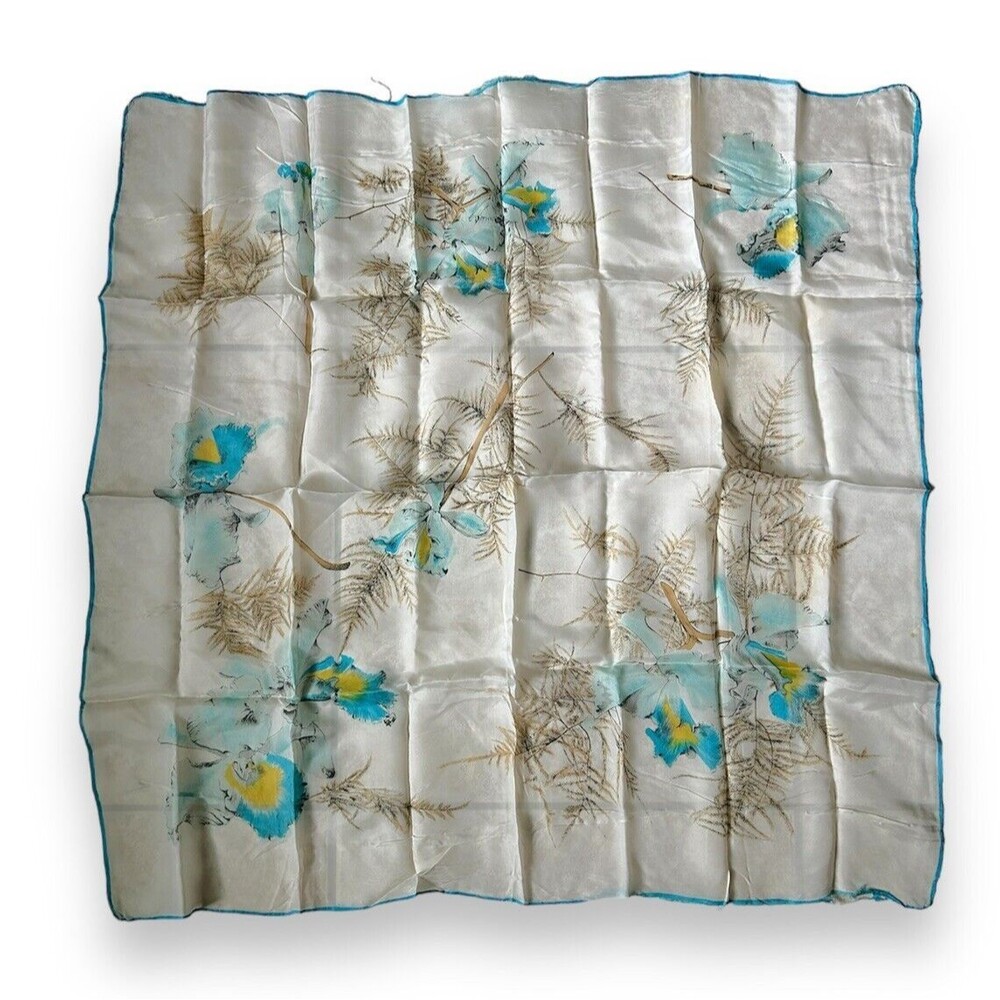 Vintage White & Blue Floral Silk Square Scarf 30" x 31” Women Headscarf Unisex